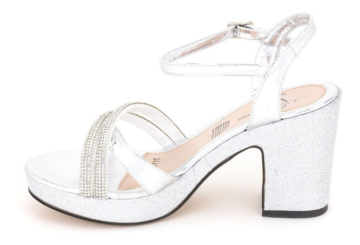 Sandalia Vestir Fiesta Graduación Para Mujer Moda Tacón Plata Joza 02930-03507