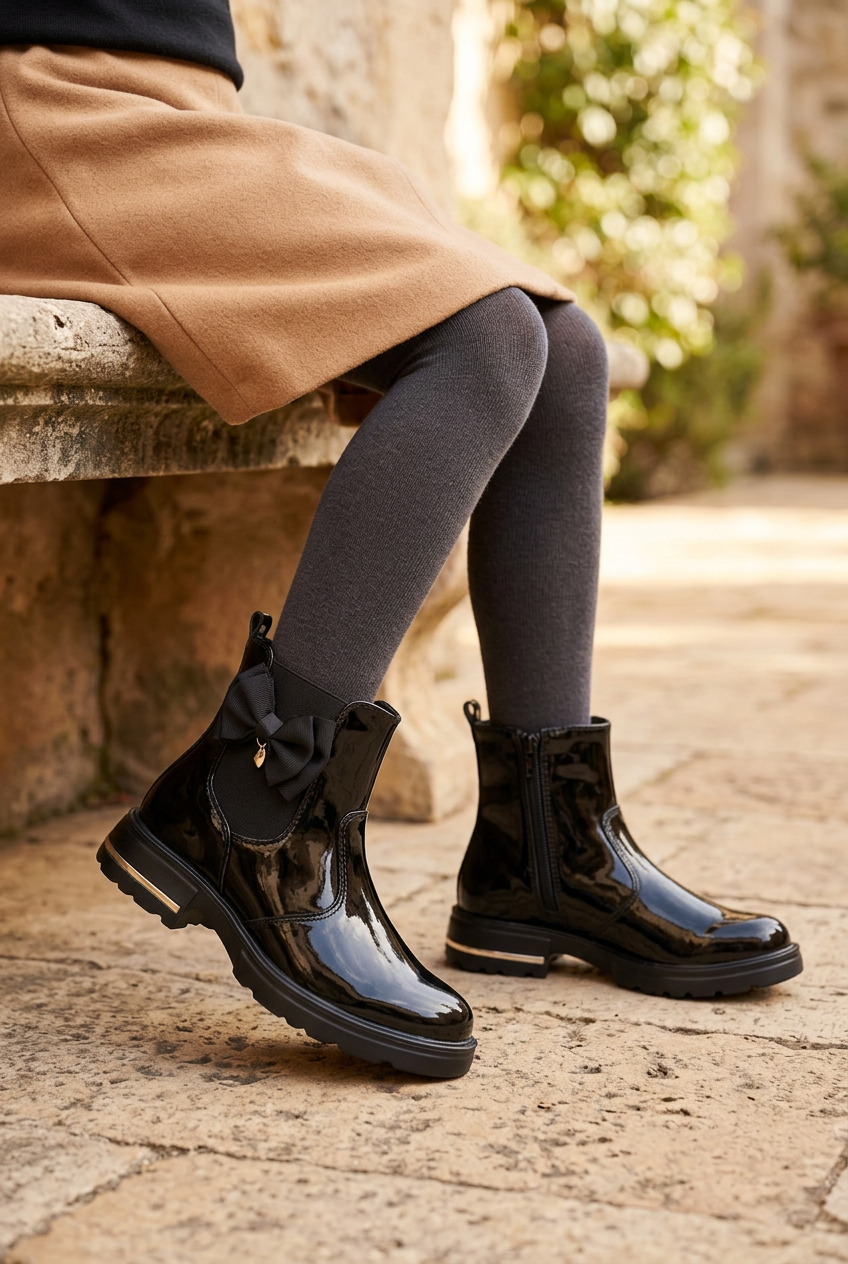 Botín de Charol Moño Para Niña Yuyin 09335 Yuyin Botas Yuyin Calzado con Estilo en México