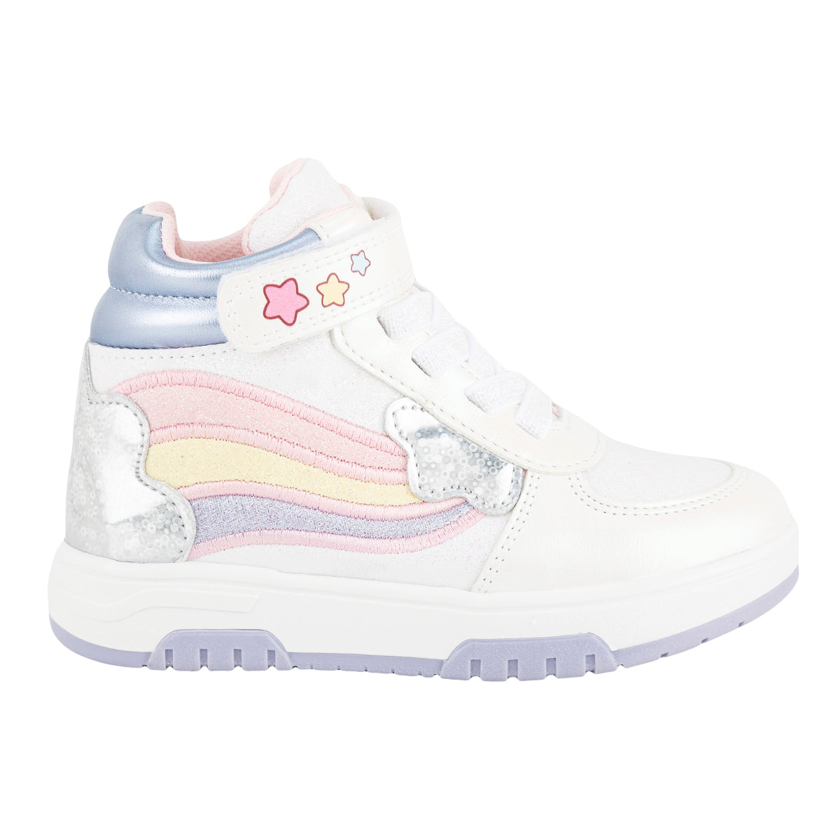 Tenis en color blanco con detalles de arcoíris de la marca Bambino