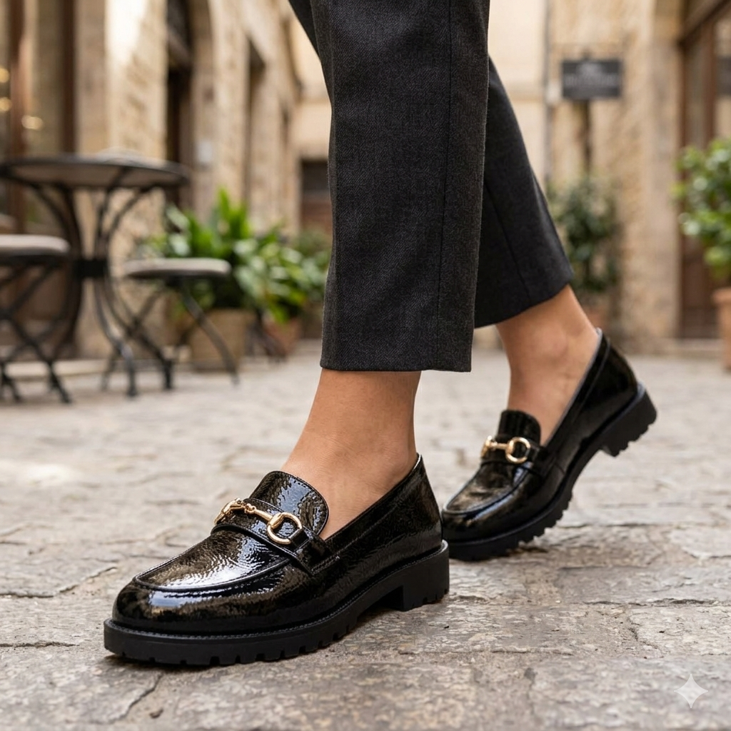 Zapato Mocasín Para Mujer Stampa Charol Negro 07072