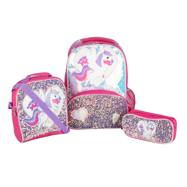 Set Mochila Lapicera Lonchera Unicornio Luz Led 06061