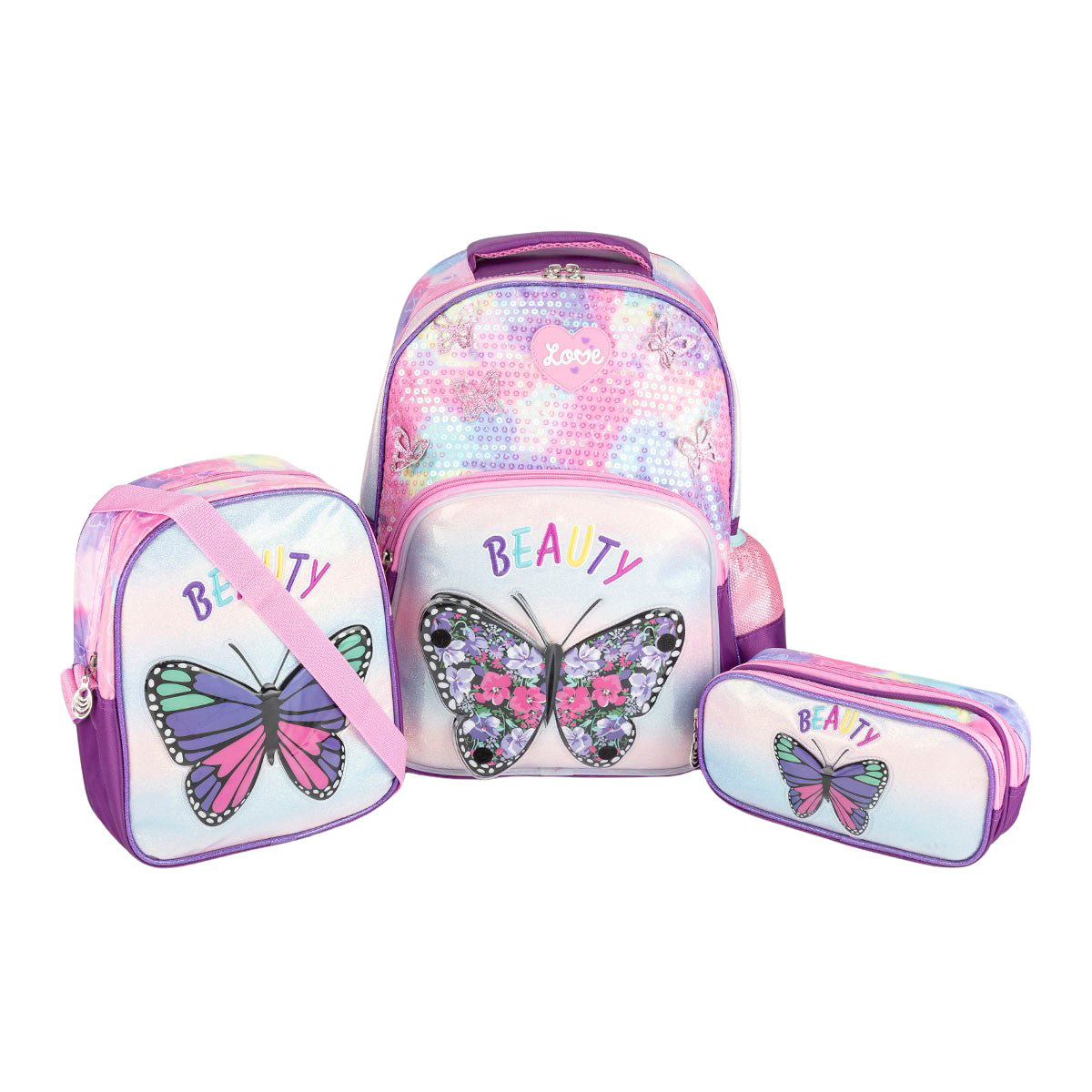 Set Mochila Lonchera Lapicera Mariposa Escolar 06059