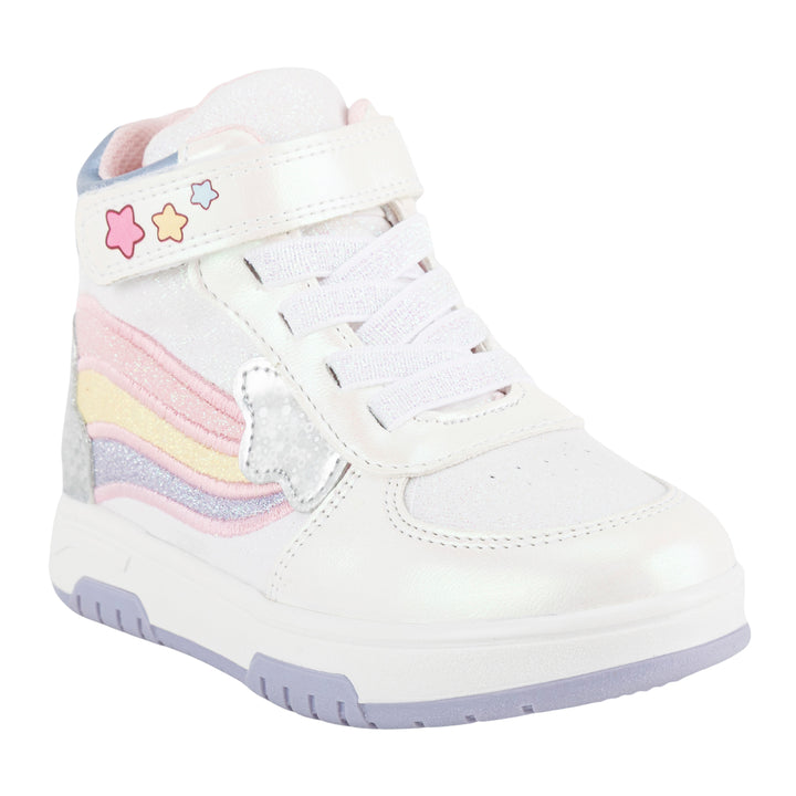 Tenis en color blanco con detalles de arcoíris de la marca Bambino