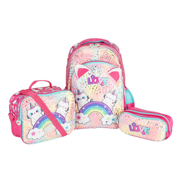 Set Mochila Lapicera Lonchera Gatito Luz Led 06058